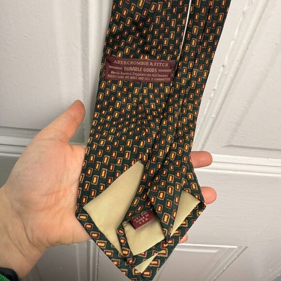 Abercrombie & Fitch Silk Tie Mens Green Yellow Brown Geometric Necktie USA VTG - Picture 6 of 6